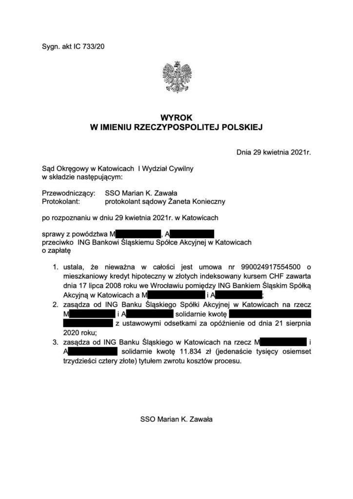 Wyrok Sądu Okręgowego w Katowicach unieważniający umowę kredytu frankowego pomiędzy naszymi klientami a ING Bankiem Śląskim