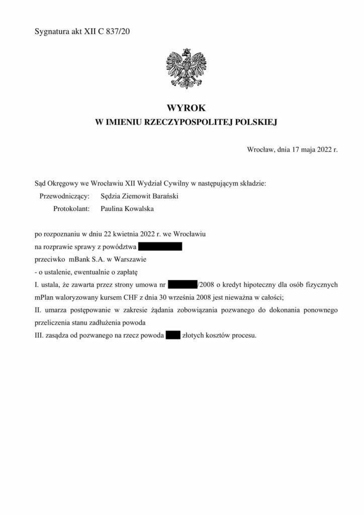 Wyrok Sądu Okręgowego we Wrocławiu unieważniający umowę kredytu frankowego (sygn. akt XII C 837/20).