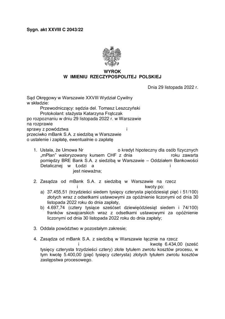 Wyrok Sądu Okręgowego w Warszawie z 29.11.2022 roku (sygn. akt XXVIII C 2043/22) unieważniający umowę kredytu hipotecznego z mBankiem S.A.