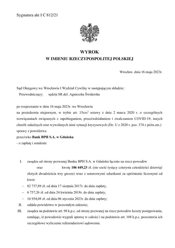 Wyrok Sądu Okręgowego we Wrocławiu (sygnatura akt I C 812/21) nakazujący Bankowi BPGH S.A zapłatę ponad 106 tysięcy złotych na rzecz klientów Kancelarii Prawnej Chudzikowski.