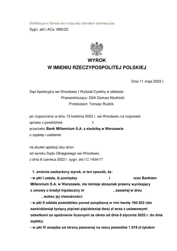 Wyrok Sądu Apelacyjnego we Wrocławiu na korzyść klientów Kancelarii Prawnej Chudzikowski, których umowa z Bankiem Millenium S.A. została uznana za nieważną.