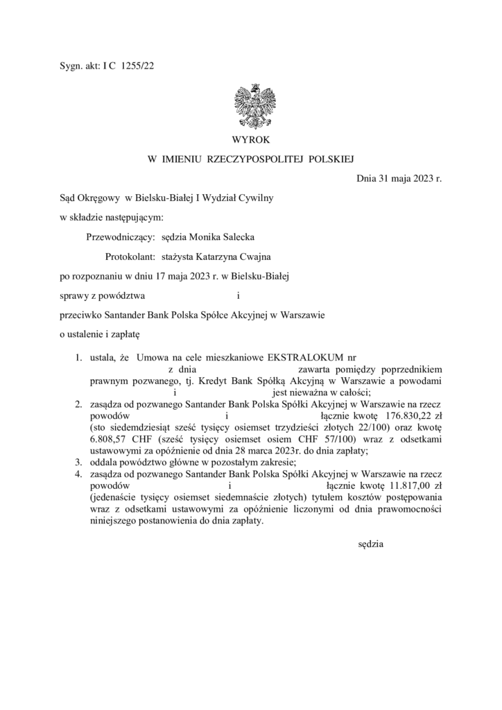 Wyrok Sądu Okręgowego w Bielsku-Białej na korzyść frankowiczów — klientów Kancelarii Prawnej Chudzikowski.