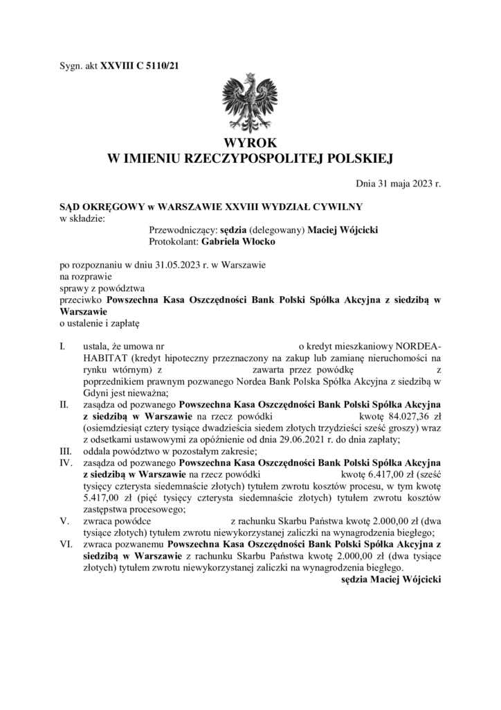 Wyrok Sądu Okręgowego w Warszawie w sprawie frankowej przeciwko PKO BP S.A. wygranej przez klientów Kancelarii Prawnej Chudzikowski.