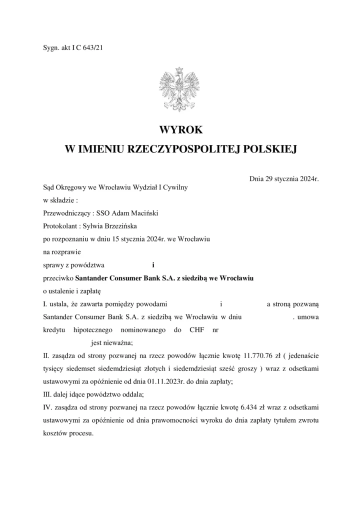 Wyrok Sądu Okręgowego we Wrocławiu z 29 stycznia 2024 unieważniający umowę kredytu frankowego w sprawie przeciwko Santander Bank Polska.
