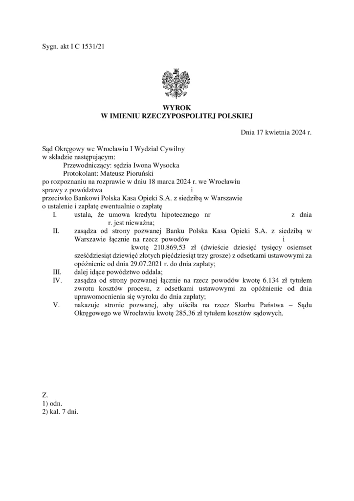 Wyrok Sądu we Wrocławiu unieważniający umowę frankową (CHF)