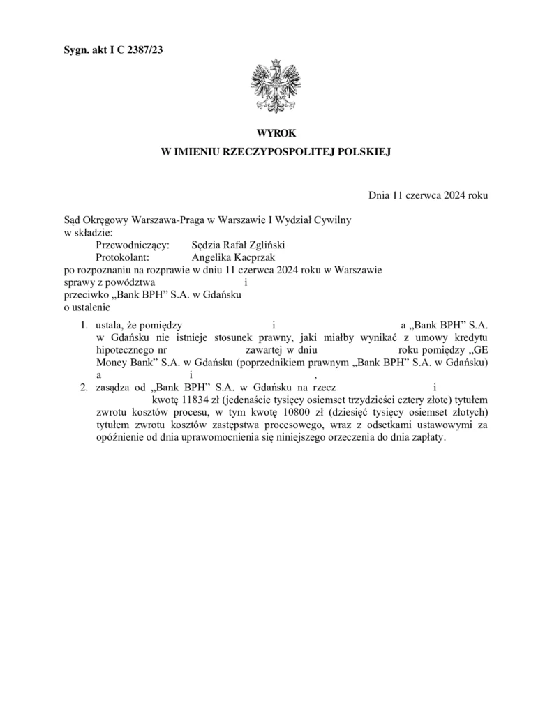 Unieważnienie kredytu w sprawie przeciwko BPH — wyrok zapadł 11.06.2024 w Warszawie.