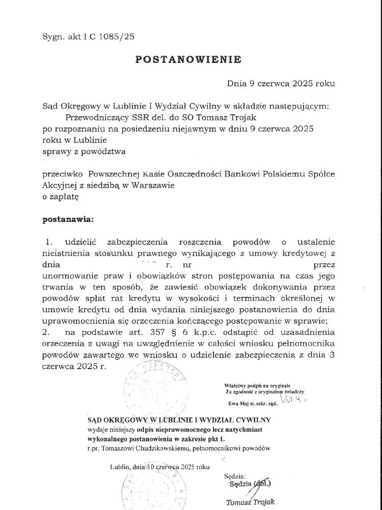 9-06-2025-postanowienie-sadowe-Lublin-udzielenie-zabezpieczenia-roszczenia-kredyty-frankowe-CHF