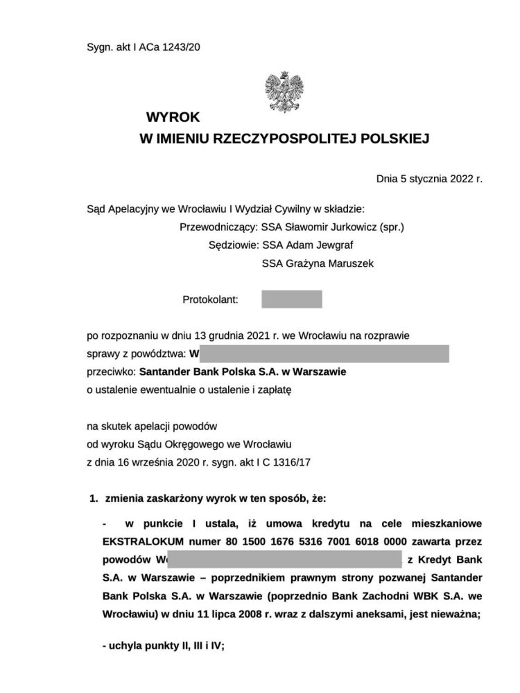 Prawomocny wyrok Sądu Apelacyjnego we Wrocławiu w sprawie prowadzonej przez Kancelarię Prawną Chudzikowski przeciwko bankowi udzielającemu kredytu we frankach szwajcarskich